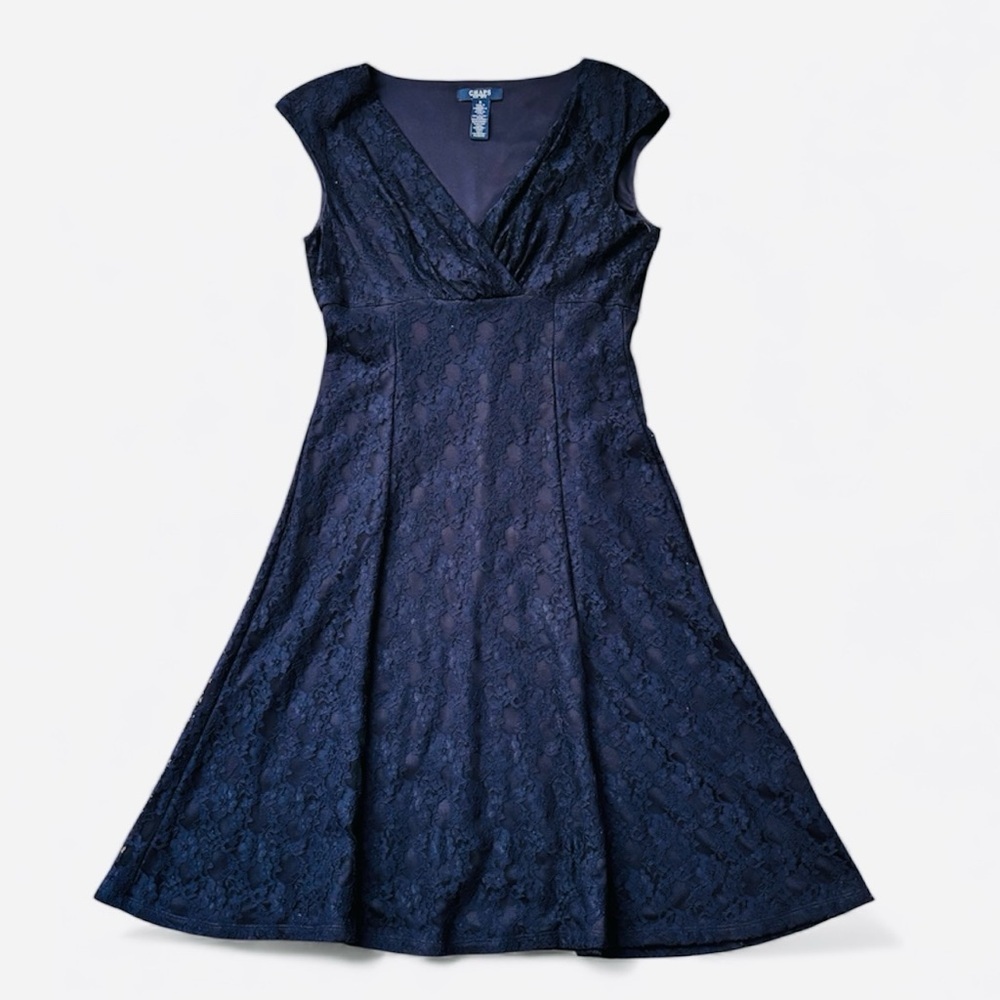 Chaps Lace Dress Cap Sleeves V Neck Classic Navy Blue Size 6 NEW